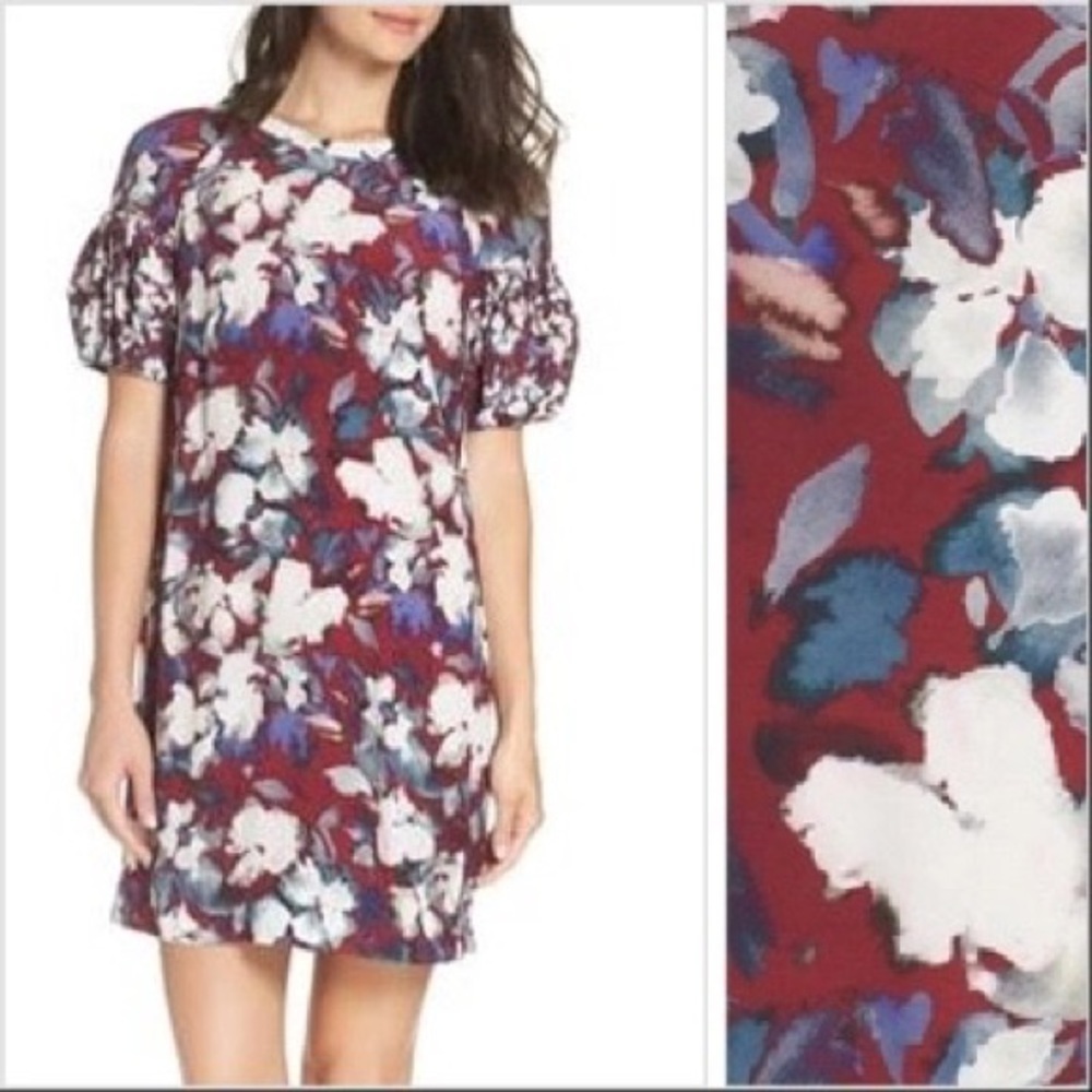 FRENCH CONNECTION
Dreda Drape Puff SLV Tunic Shift Dress In Baked Cherry Multi